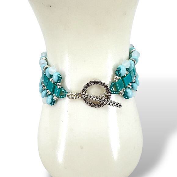 HANDMADE Blooming Squares Bracelet 6.5" Artisan Festival Coastal Glam - Picture 2 of 5